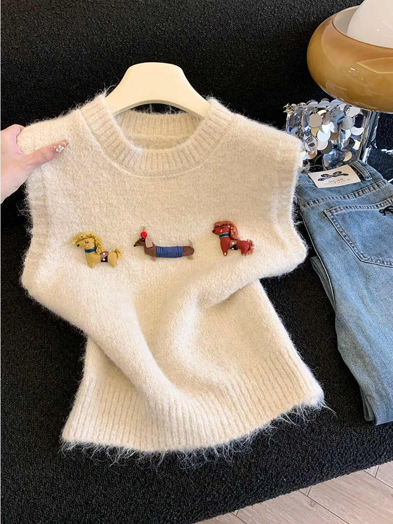 

Осенне-зимний женский вязаный кардиган-жилет с мультяшным дизайном собаки, топ для многослойного ношения, высококачественный жилет из кашемира