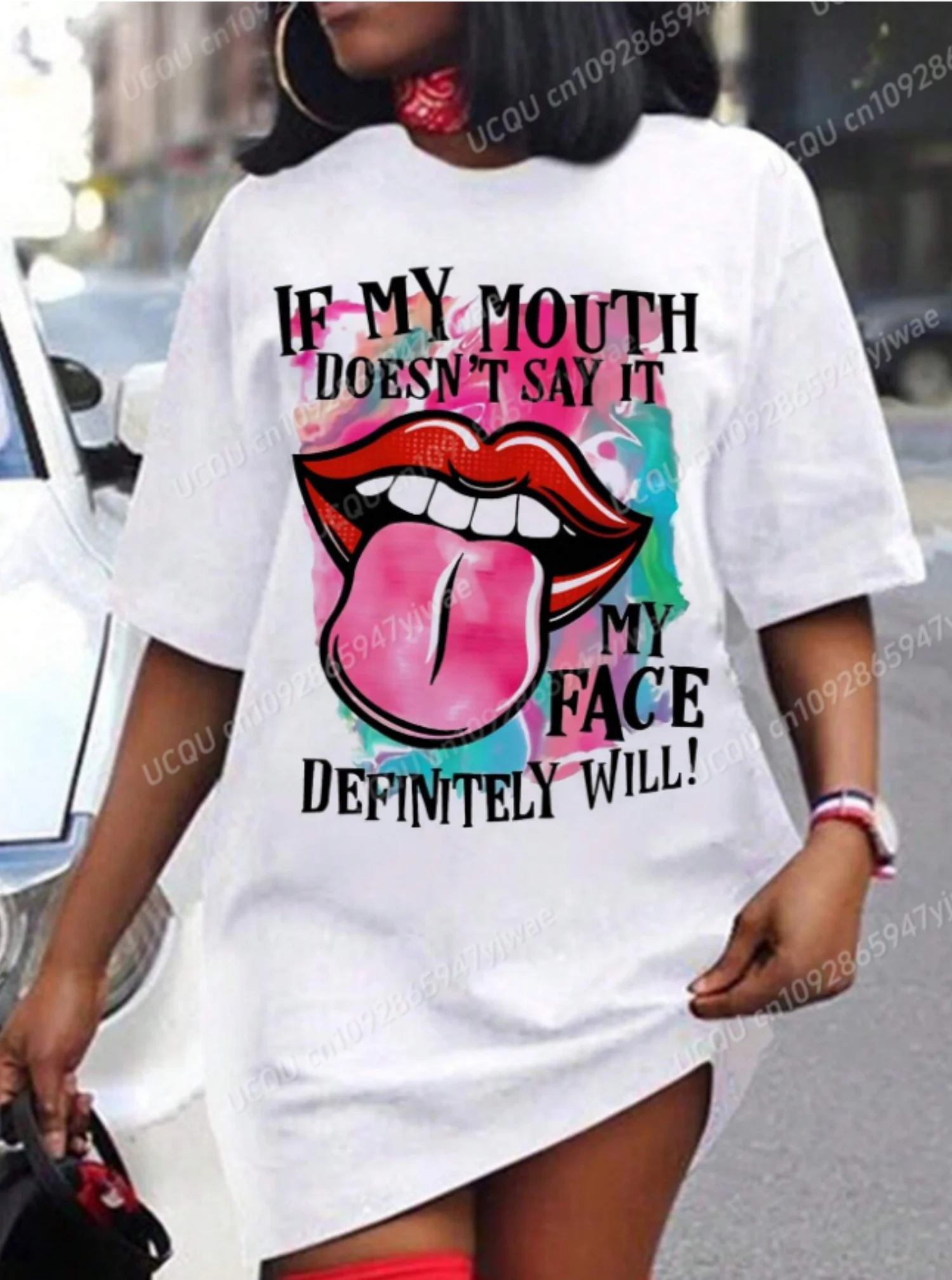2025 Summer  Polyester Women T-Shirt Dress Loose Casual MOUTH Printed O-Neck Lady Short Sleeve Pullover Dresses Women Clothing