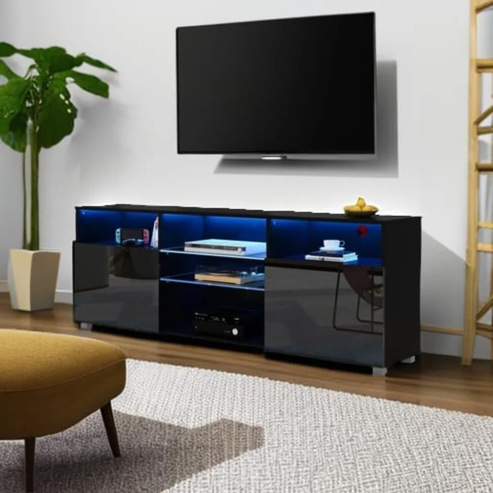 حامل تلفزيون LED لتلفزيون 65/75 بوصة، وحدة تحكم الوسائط المركزية لطاولة التلفزيون الحديثة مع درج وأضواء LED، شديدة اللمعان #6