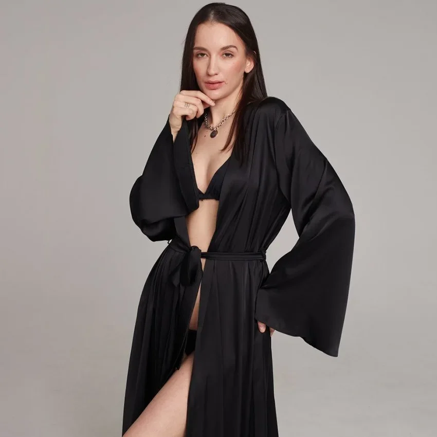 Silk Robe Women\'s Satin Long Bathrobe Long Sleeve V Neck Ladies Dressing Gown with Sashes Solid Loose Kimono for Female Wedding