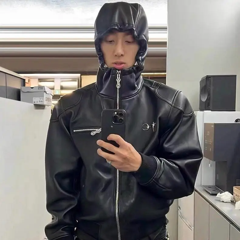 

Мотоциклетная куртка k Sle с капюшоном из искусственной кожи, с вышивкой в виде звезд и луны, модная верхняя одежда для мужчин и женщин