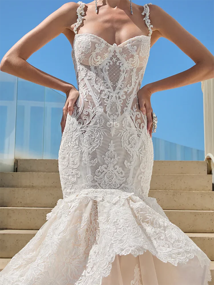 Luxo querida renda sem mangas em camadas sereia vestidos de noiva vestidos de noiva personalizados