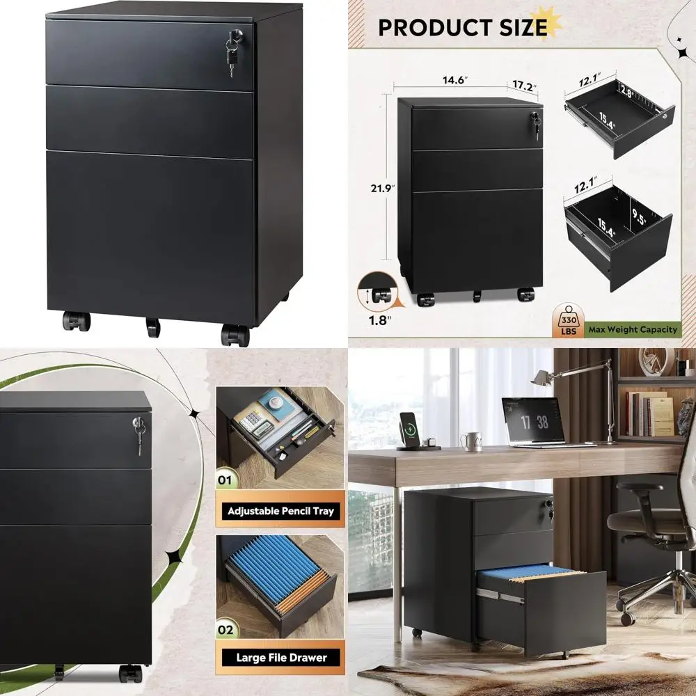 Mobile Rolling 3-Drawer Black Filing Cabinet with Lock, Under Desk Storage Organizer, Fully Assembled for Office Use