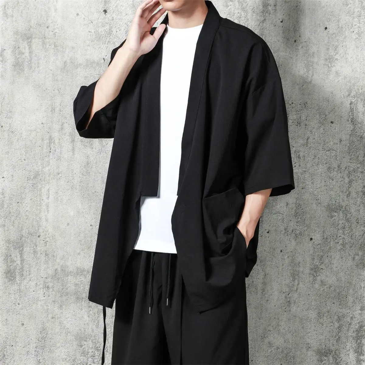 

Spring Summer New Pure Color Pleated Robe Style Open Cardigan Shirt Unisex Loose Fit Thickened Fleece Casual Wear