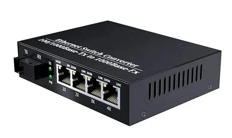 media converter gigabit single mode duplex 10 100 1000 base 1SC port 4RJ45 fiber optical media converter