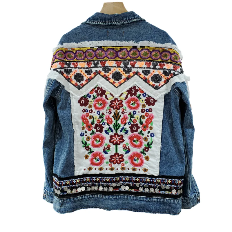 

Flower Embroidery Sequins Tassels Jeans Jacket Women Loose Short Frayed Cowboy Outerwear Spring Vintage Blue Denim Jacket Female