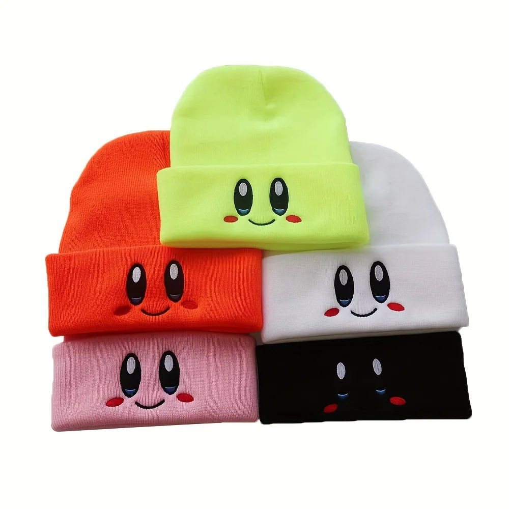 Unisex Anime Cartoon Star Cute Beanie Hat Soft Warm Elastic Fit Embroidered Knitted Hat Smiling Face Design Warm Hat for Outdoor