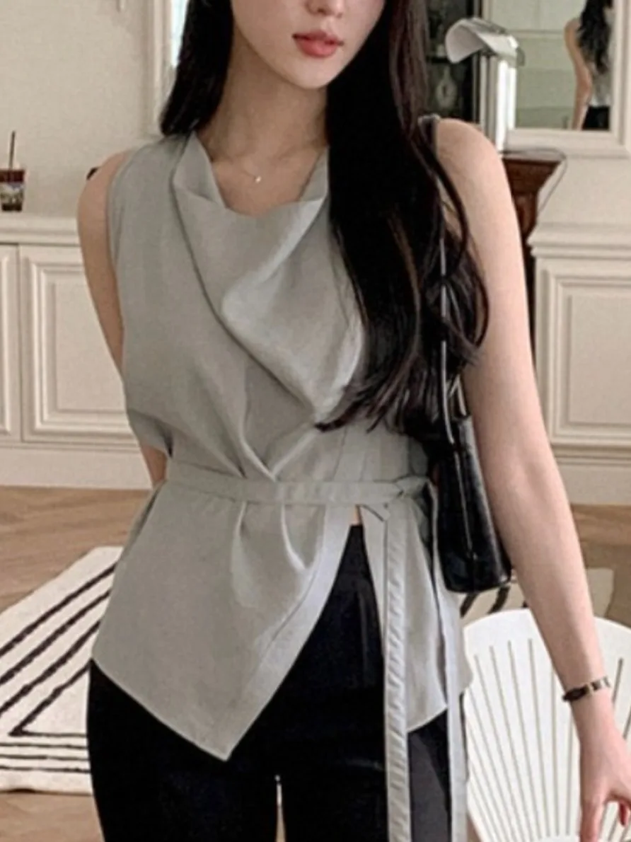 Ele Svel irt Atasan Desain Asimetris Kerah Berdiri Berumbai Pinggang Baru Musim Panas Wanita