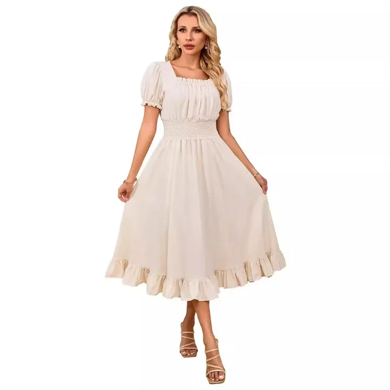 

Spring and Summer Elegant High Waisted Dress Square Neck Short Sleeved Ruffled Edge Long Dresses for Women Cosplay Costumes