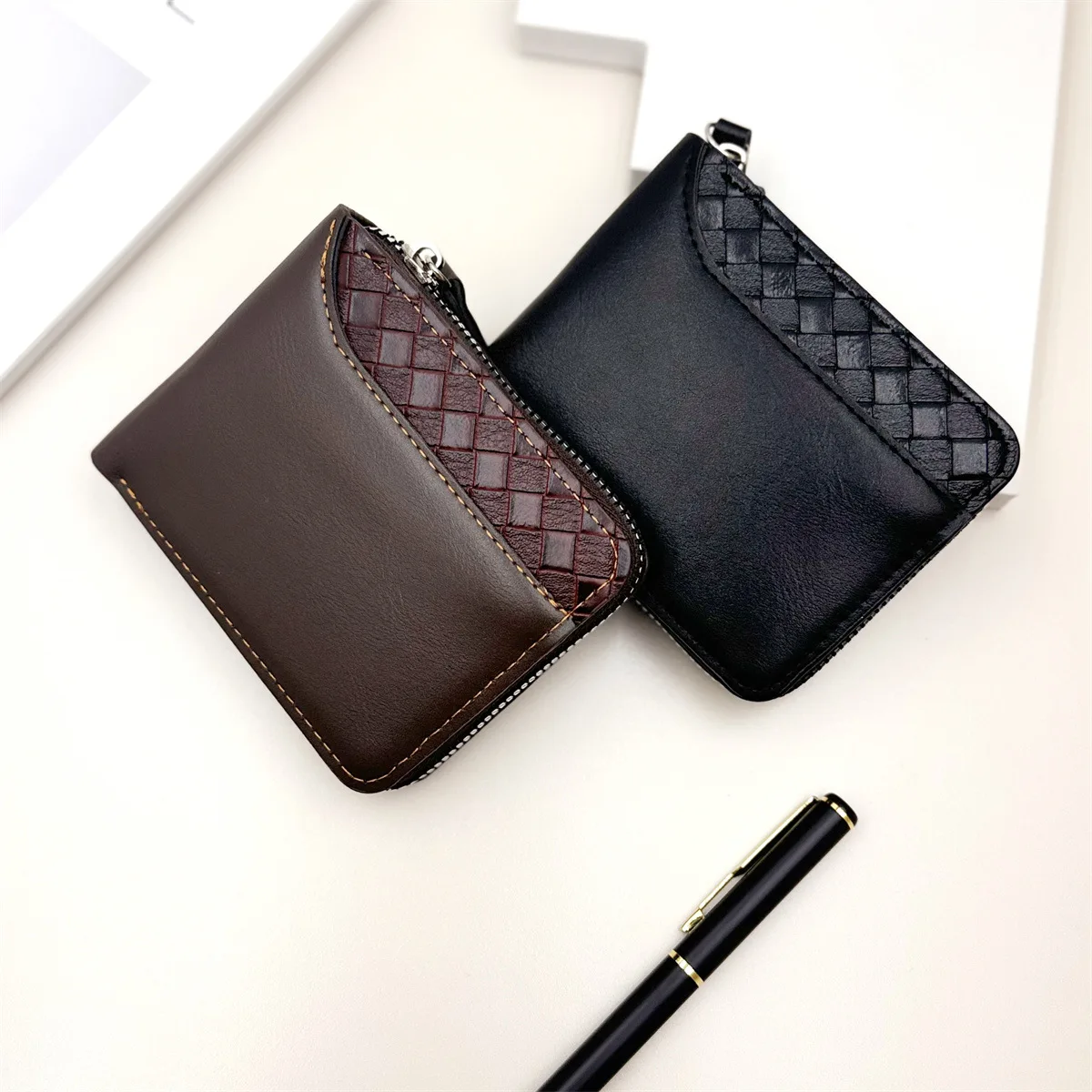 1Pc Personalized Custom Name Logo Men's Luxury Faux Leather Wallet - 1 Piece Fashionable - Embossed Top, Smooth Black Faux Leather Body, Zipper Closure, Multiple Card Slots, Large Capacity, Stitched Design - Perfect Gift for Father, Husband, Brother