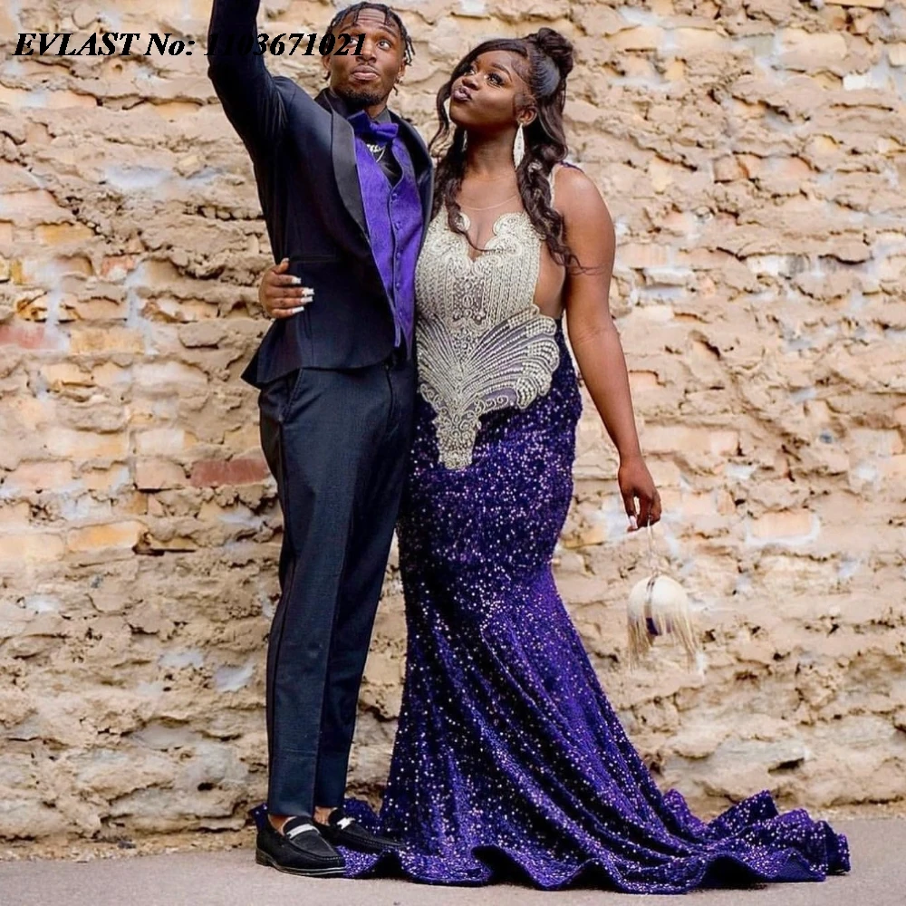 

EVLAST Luxury Purple Sequin Mermaid Prom Dress 2024 Silver Rhinstone Beaded African Black Girls Party Gowns Vestudo De Gala P49