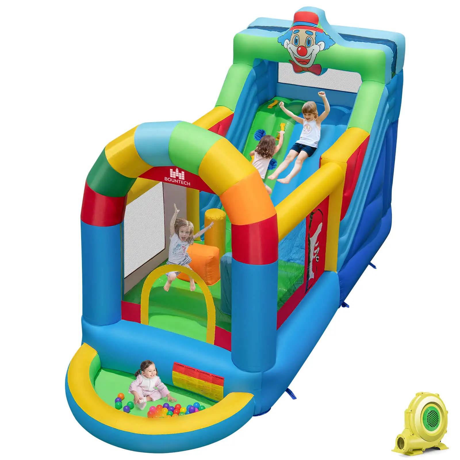 

Inflatable Bounce House w/Climbing Surface Long Slide Obstacles with 735W blower