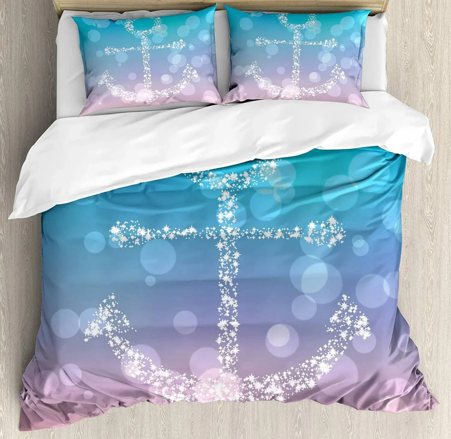 Juego de cama con ancla, ancla de Hada estrellada con burbujas en paisaje abstracto, elemento marino, funda nórdica con estampado artístico, funda de almohada