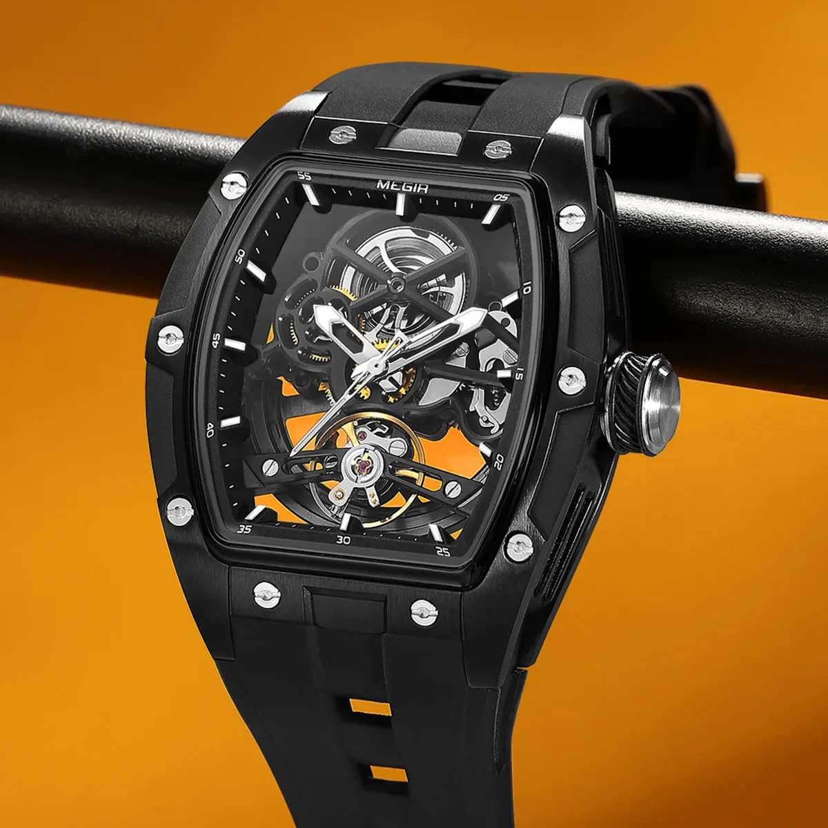 MEGIR New Men's Automatic Mechanical Watch Skeleton Dial Stainless Steel Silicone Band Waterproof Sport Wristwatch Luxury