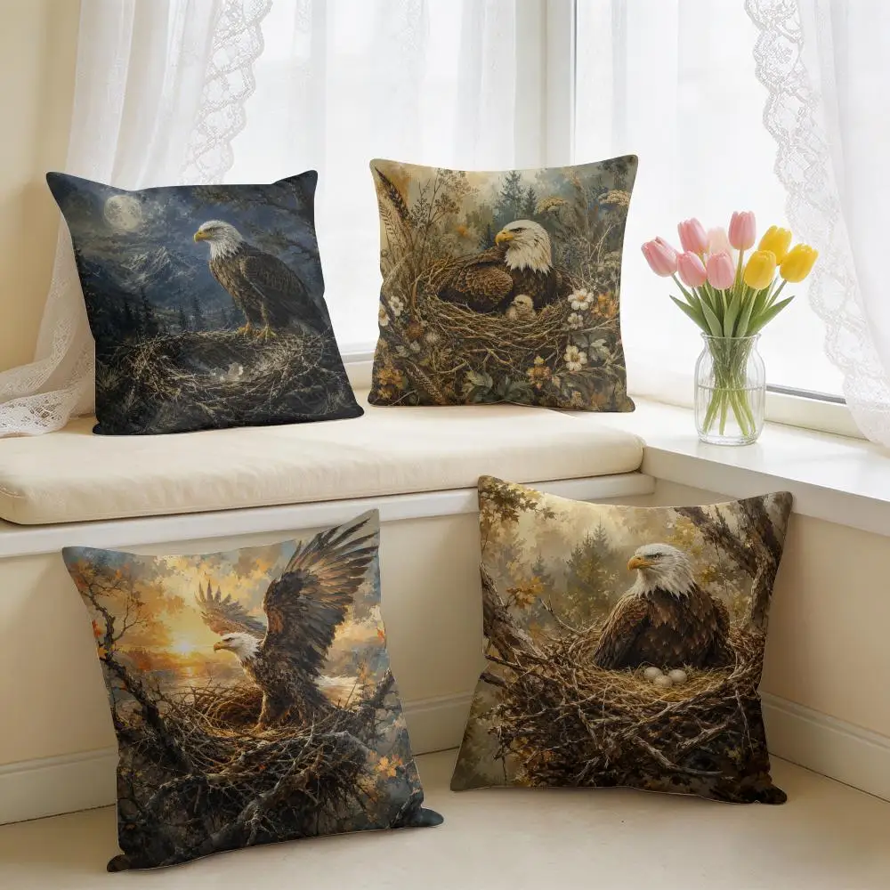 Vintage Bald Eagle Nest Cushion Cover Double-Sided Plush Sofa Cushion Covers Organic Breathable Invisible Zipper