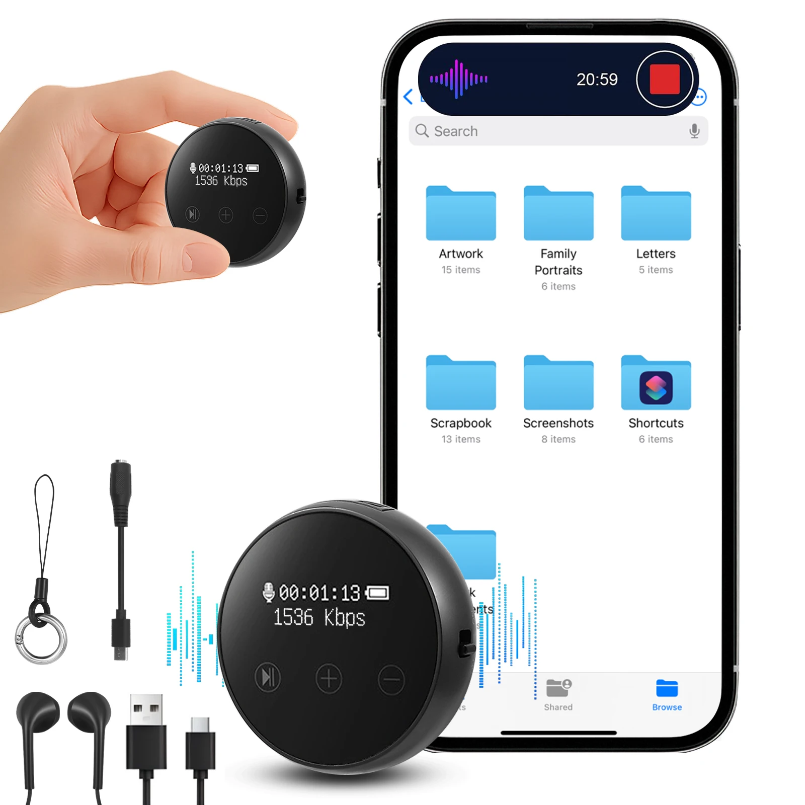 64GB Dictaphone Mini 1536kpbs enregistreur Audio dispositif d'écoute Dictaphone pour réunions interviews conférences cours conférences