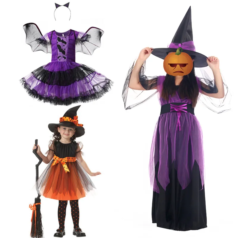 Halloween Costume Children Witch Dress Cosplay Anime Costume Witch Role Play Halloween Pumpkin Dress Set