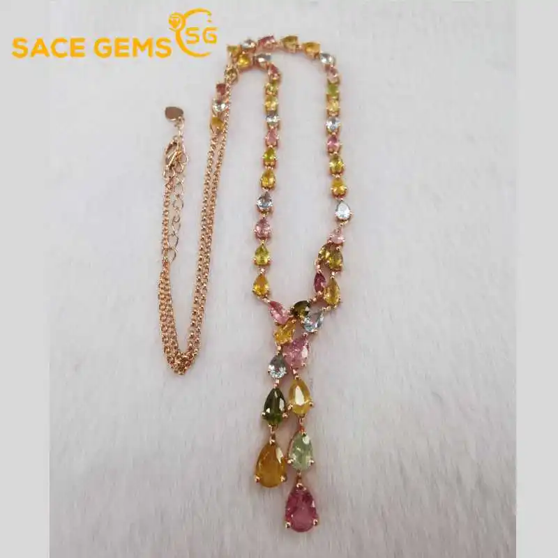 SACE GEMS Luxury 925 Sterling Silver Natual Tourmaline Pendant Necklaces for Womne Sparkling Fine Jewelry Christmas Present