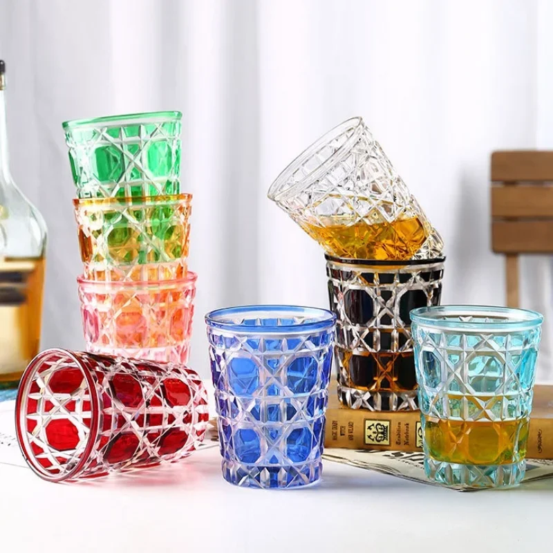 350-400ml New Style Plaid Round Wine Glass Multi-Purpose Single Layer Crystal Glasses Color Whiskey Vodka Sake Set Cup