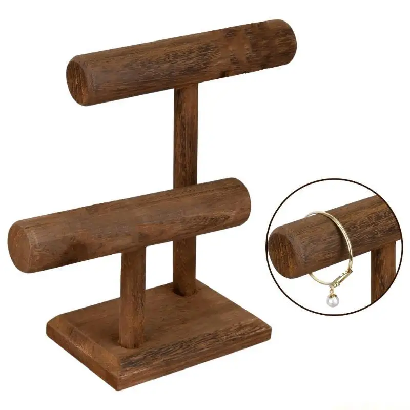 QX2E สร้อยข้อมือไม้ผู้ถือขาตั้งจอแสดงผลสไตล์วินเทจไม้เครื่องประดับคู่ระดับสำหรับสร้อยข้อมือและอื่นๆ
