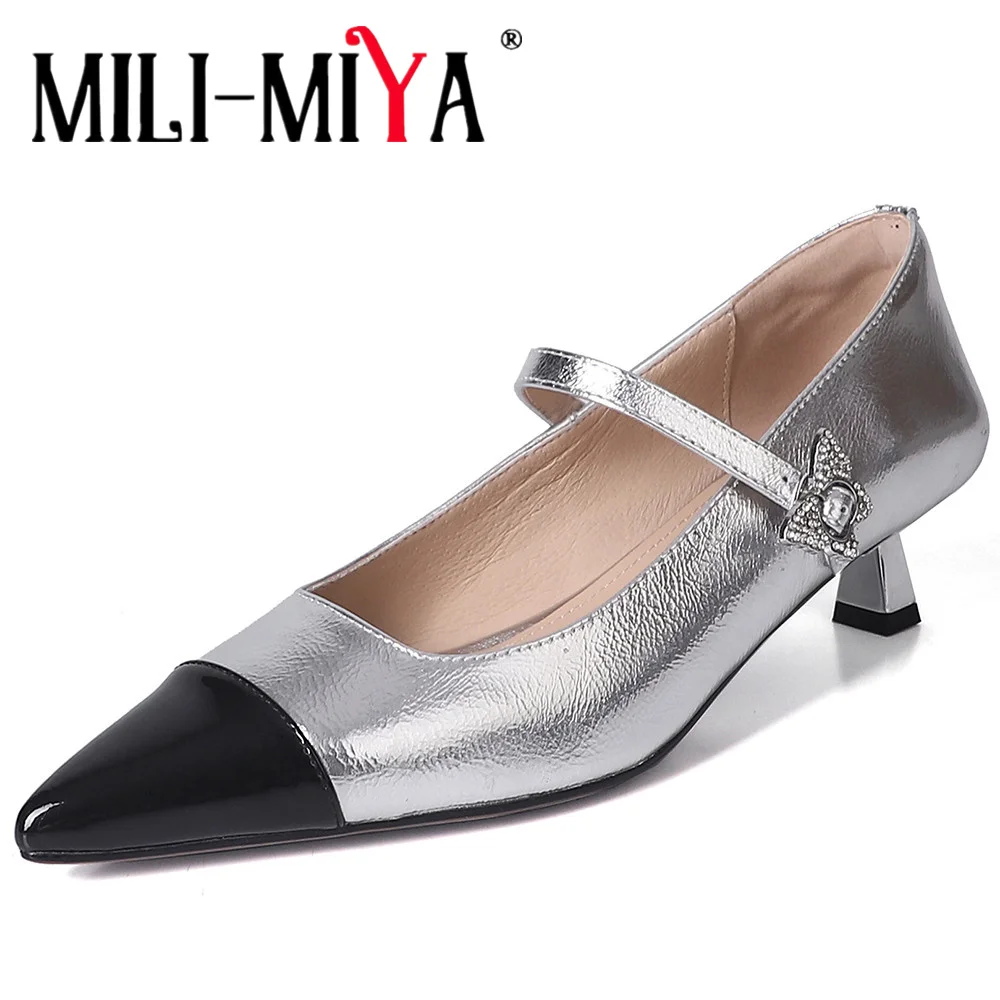 

MILI-MIYA New Arrival Mixed Color Splicing Women Full Genuine Leather Pumps Thin Heels Buckle Strap Dress Party Shoes For Ladies