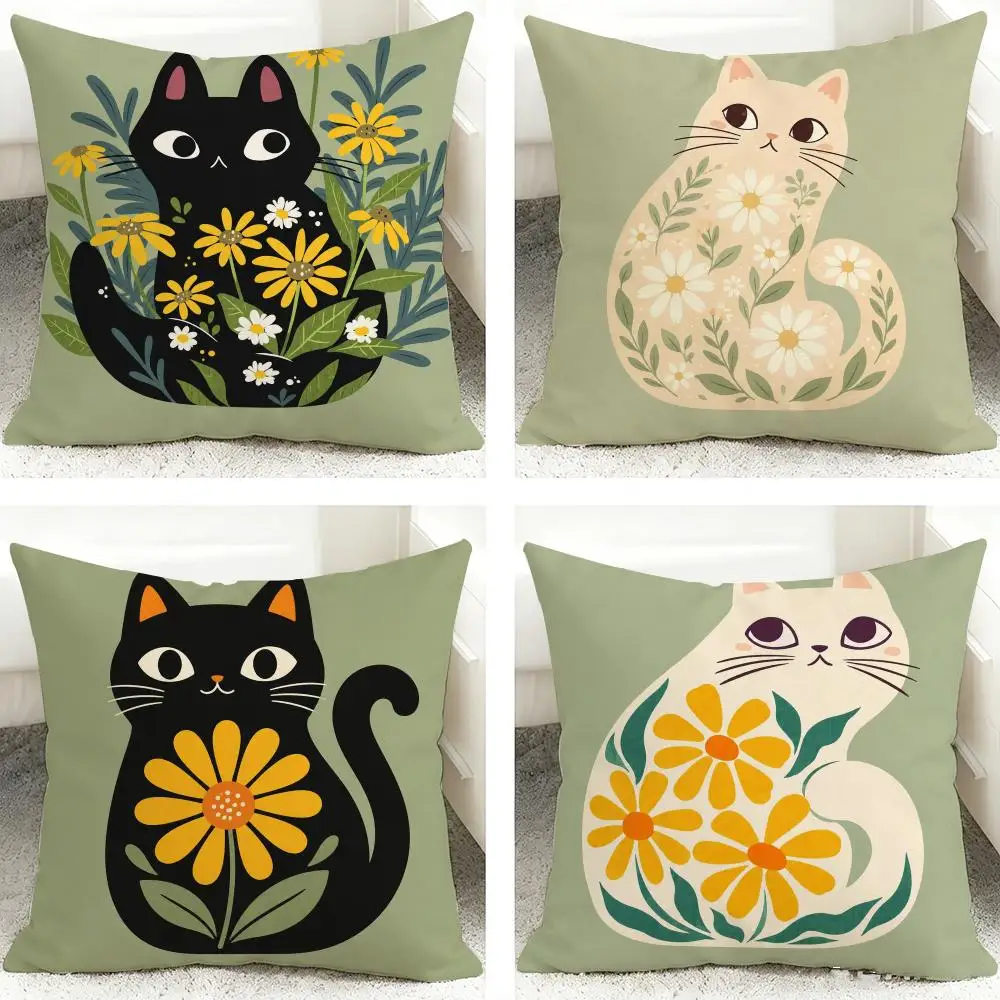 Forest-style Daisy And Cat Print Cushion Cover 40x40cm Square Decorative Sofa Cushion Cover Bedroom Living Room Home Decor Gift