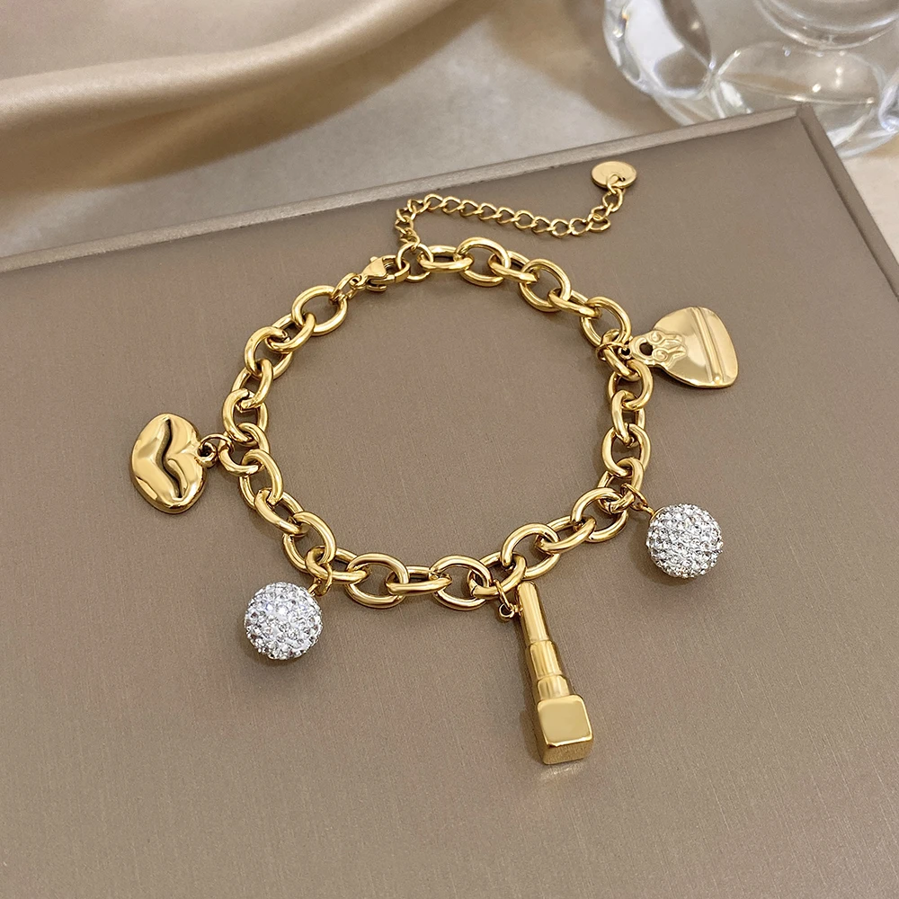 

Vintage Golden Stainless Steel Thick Chain Bracelets for Women Creative Lips Bag Rhinestone Ball Pendant Charm Bracelet Jewelry