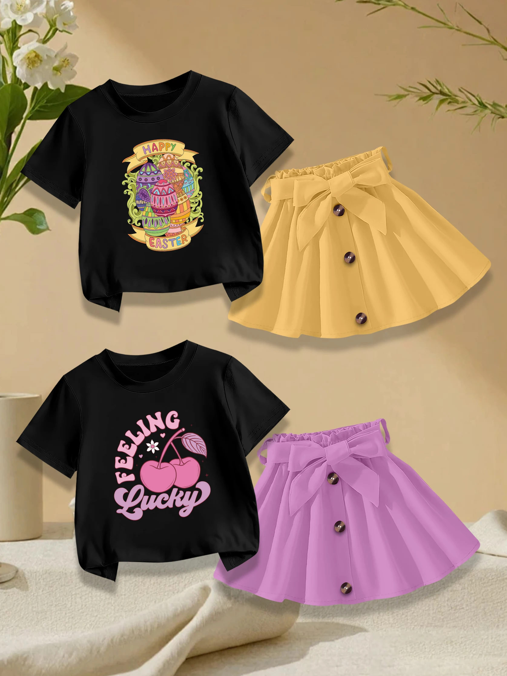4 pieces: Easter Day Girls' Summer Sweet Cute T-shirt & Skirt Set - Cartoon Cherry & Egg Print