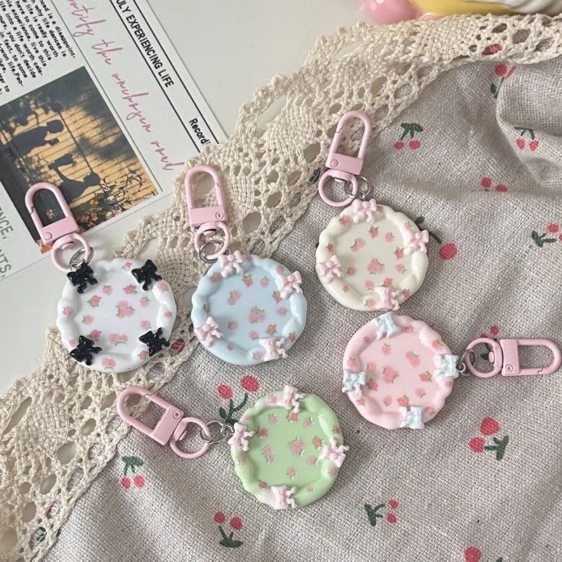Macaron Floral Bow Keychain Organizer Circular 3D Stereo Bow Floral Print Key Holder Cute Purse Earphonen Scrapbook Ornament