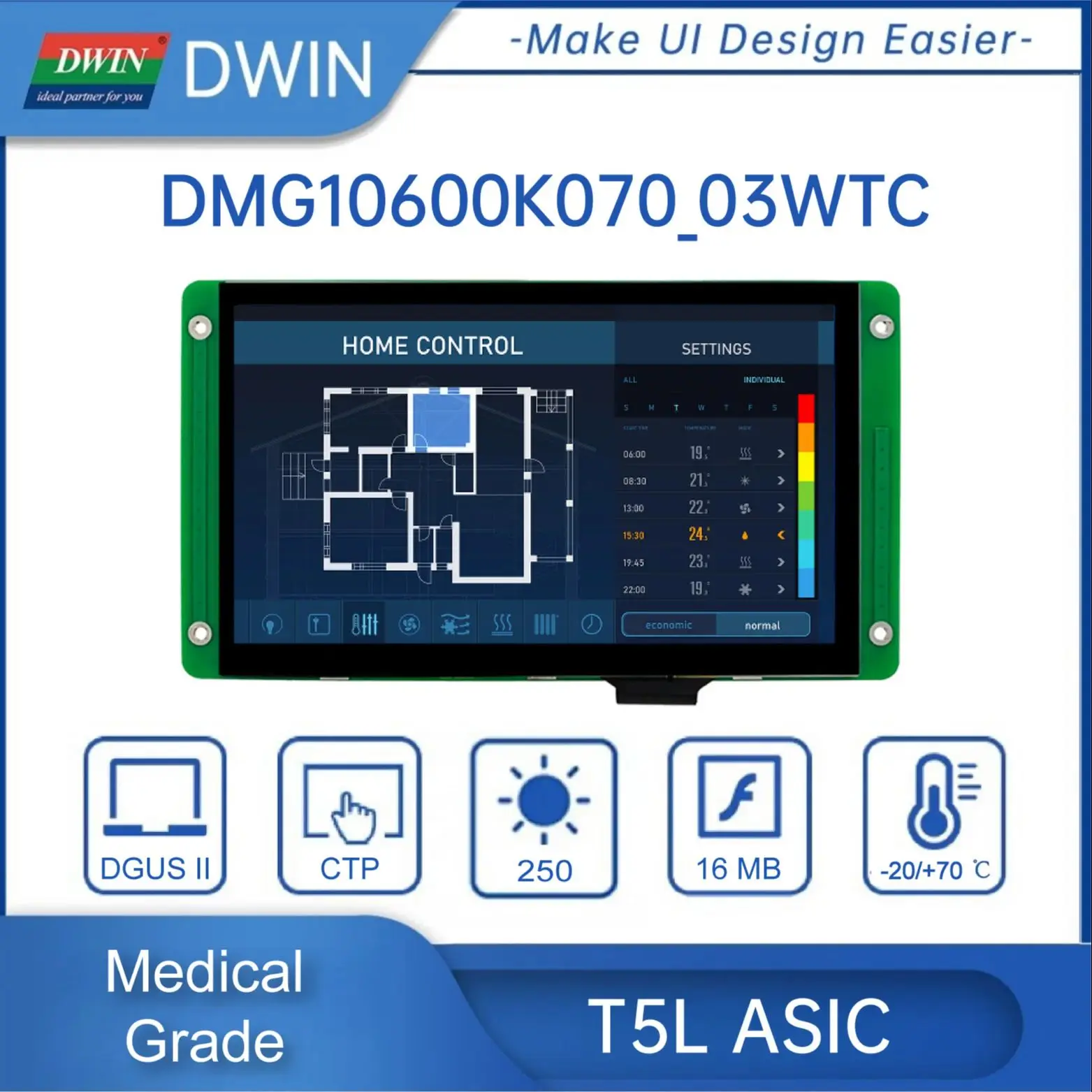

Dwin 7.0-inch, 1024*600 Smart Tft LCD UART Medical Grade HMI Display Support RS232 and RS485 Communication DMG10600K070_03W