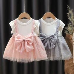 (9 Months -3 Years Old) Summer New Sweet Bow Baby Girl Princess Dress Korean Style Fake Two Children'S Clothes