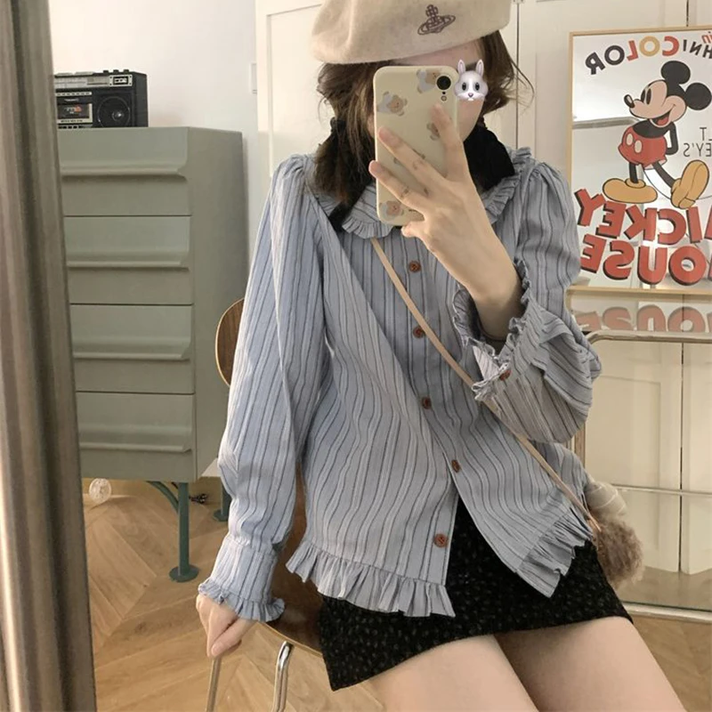 Striped Shirts and Blouses Korea Ruffles Long Sleeve Top Women 2024 Autumn Fashion Blouse Button Peter Pan Collar Ladies Clothes