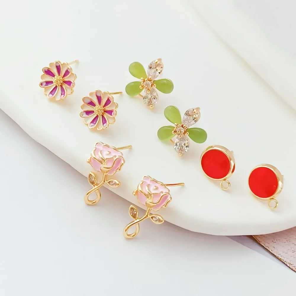 

14K Gold-plated Micro-inlaid Cat's Eye Oil Rose, Five-leaf Flower, Small Daisy S925 Earneedle DIY Handmade Jewelry