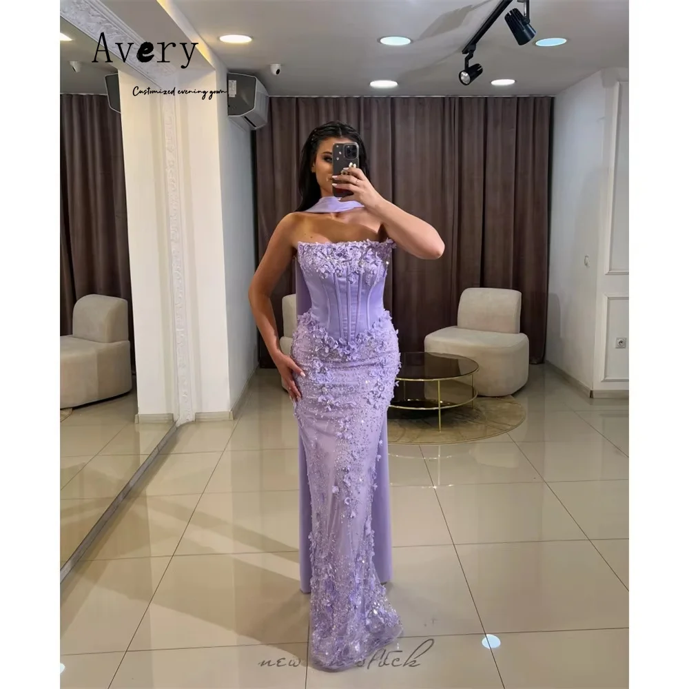 

Avery Customized Purple 3D Flowers Fishtail Off-shoulder Long Elegant Evening Party Dresses 2025 Woman Luxury Evening Dress Prom