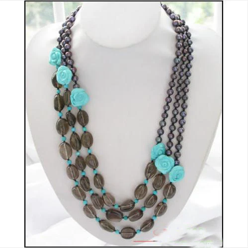 Favorite Pearl Jewelry,3Row 25'' 7-8mm Black Real Pearl Crystal Beads Blue Turquoise Flower Necklace,Charming Women Gift.