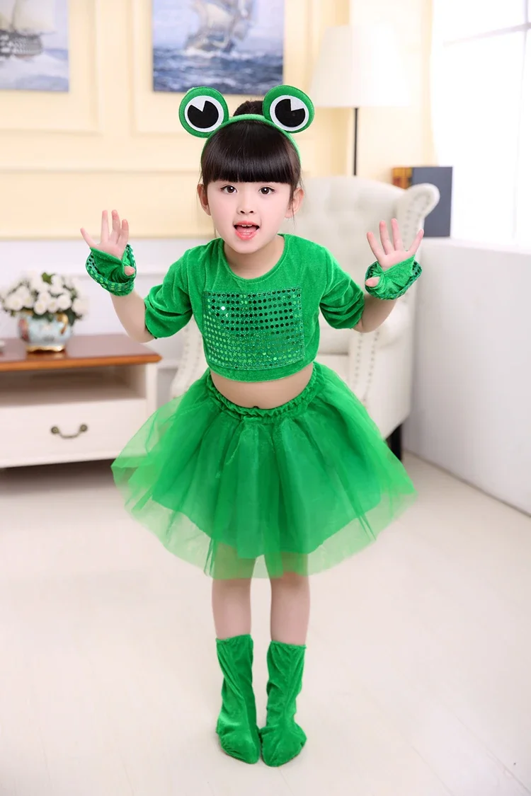 어린이 작은 개구리 공연 의상 녹색 긴팔 동물 의류 소년과 소녀를위한 스팽글 투투 스커트 투투 스커트