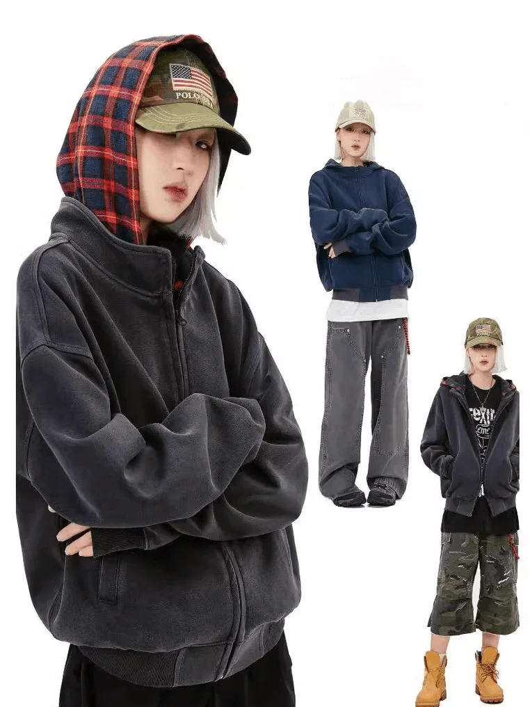 

Retro American Sle Zipper Hoodie Jaet Men's Women's Autumn Faion Brand College Sle Couple Outerwear Worn Look Sweatirt