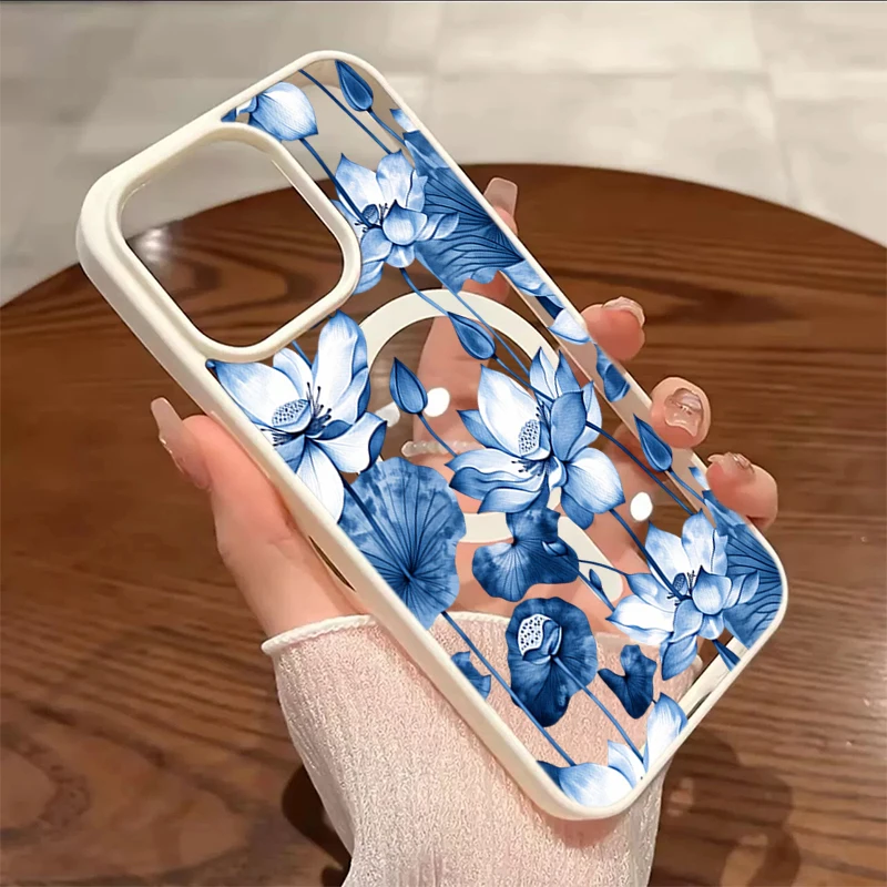 

Case For iPhone 17 16 Pro Max 15 14 13 12 11 16E 16 Plus 17E Air Blue Lotus Pattern For Magsafe Wireless Charging Magnetic Cover