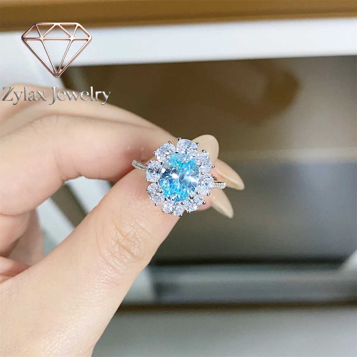 Zylax Jewelry Luxury Solid Platinum PT950 3 karat Sky Blue Ring Women's Egg-Shaped Pigeon Egg Diamond Ring Wedding Ring