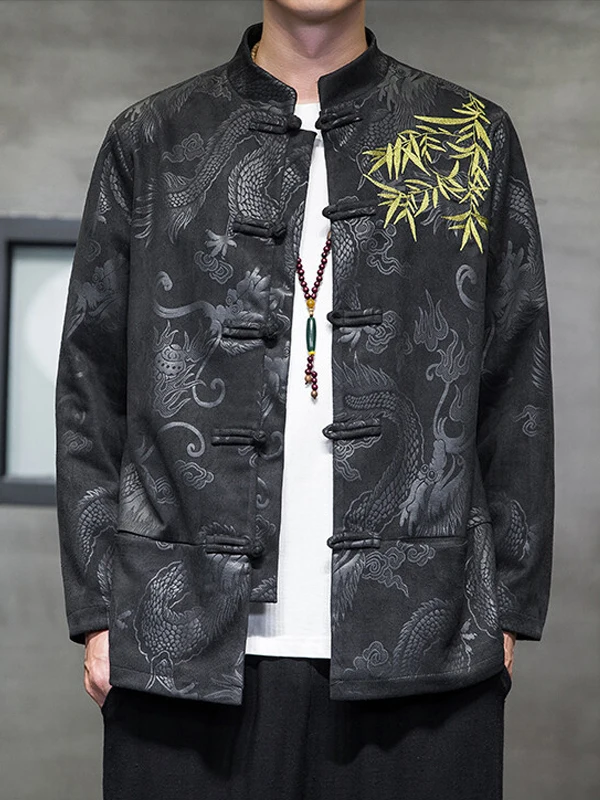 

Новое мужское бархатное пальто с вышивкой в китайском стиле из кожи оленя, осень-зима, большой размер Hanfu, модная свободная верхняя одежда