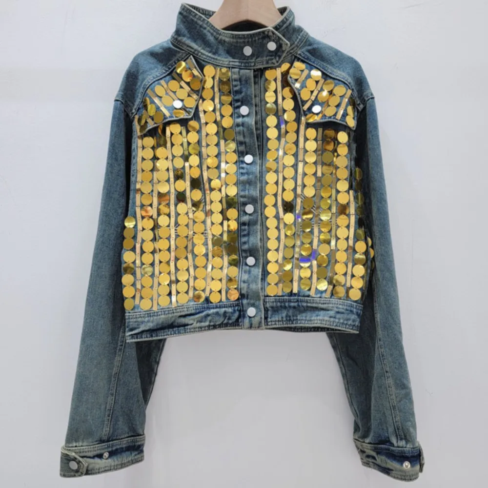 

2024 Spring New Retro Gold Sequin Spliced Denim Coat Women's Loose and Slim Standing Neck Jacket Top