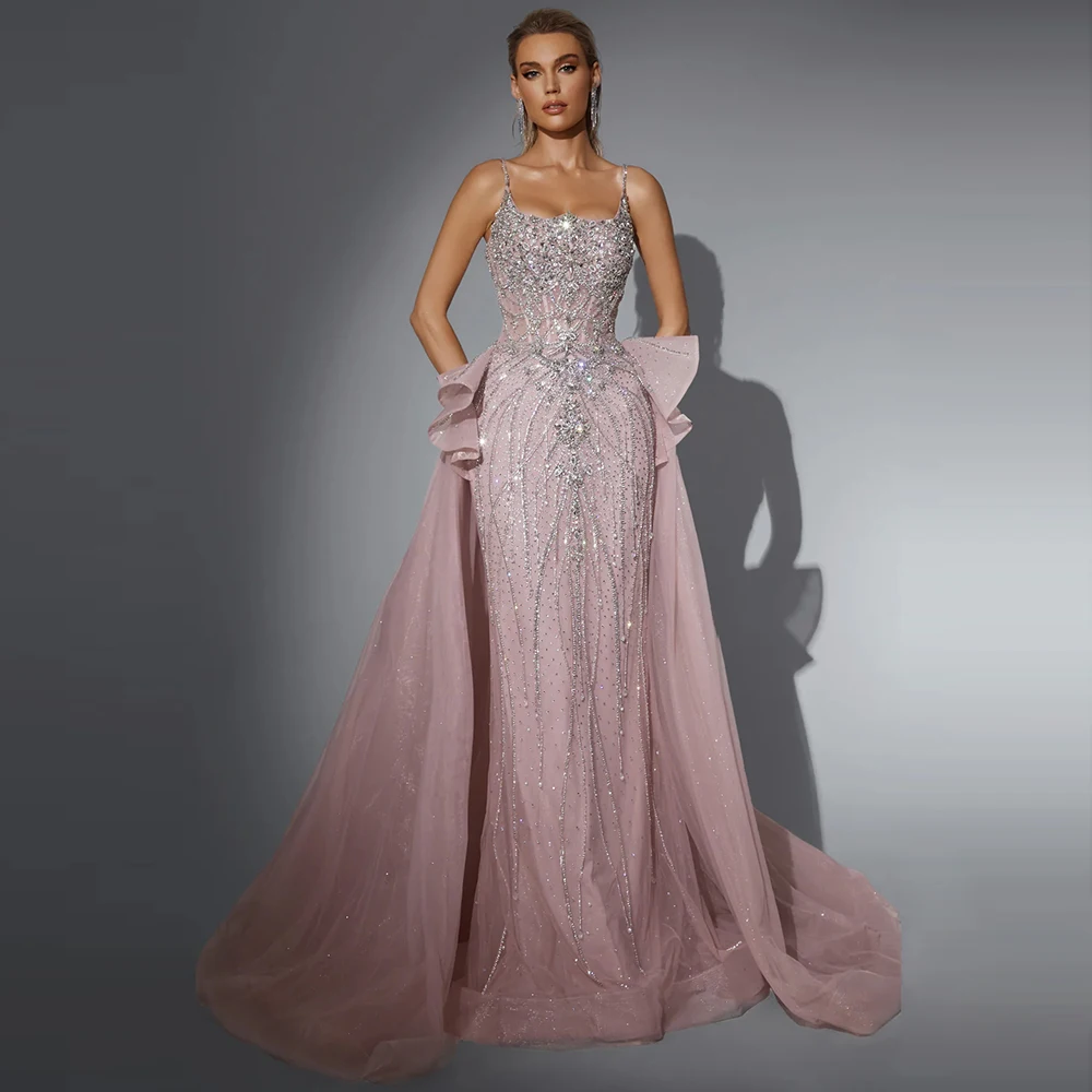 Eshaut&Bridal Luxe kralenversierde zeemeermin-avondjurk met spaghettibandjes, afneembare overlay, formele gala- of bruiloftsjurk, op maat gemaakt - afbeelding 2