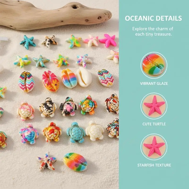 28Pcs Colorful Ocean Resin Beads, Turtle Starfish Shell Design Beads For DIY Bracelet Jewelry Making Crafts