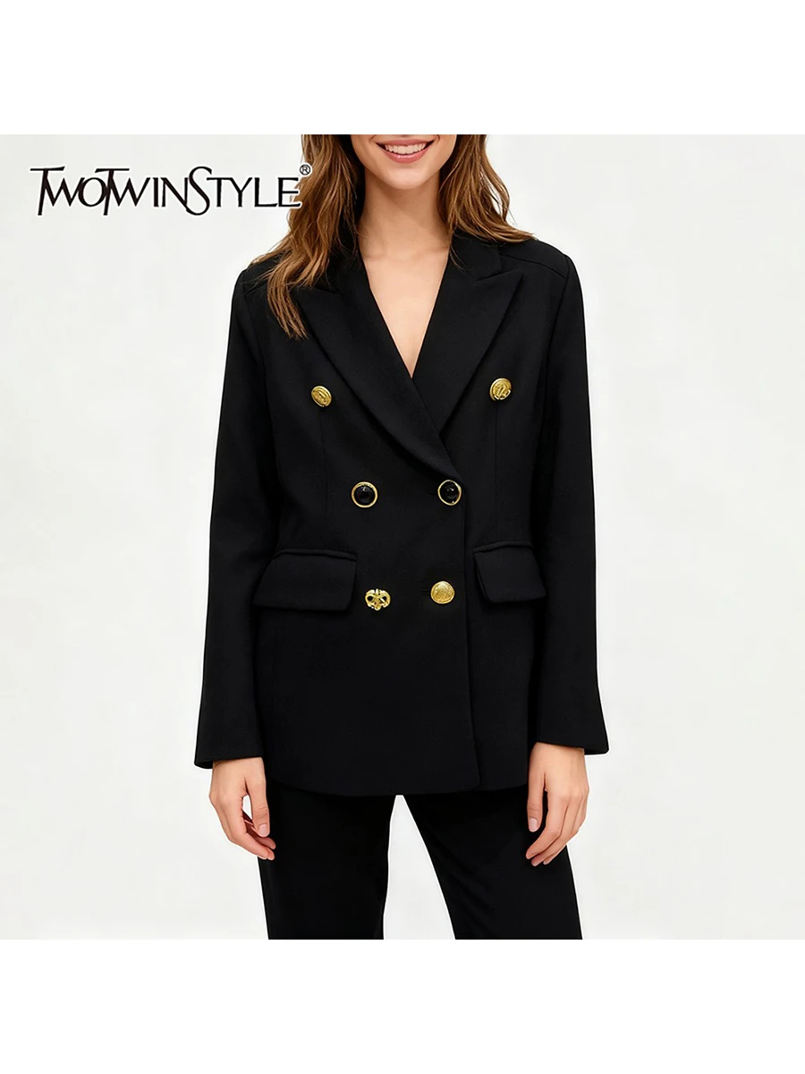 TWOTWINSTYLE الصلبة تقسم أزرار معدنية مزاجه الحلل للنساء التلبيب طويلة الأكمام تونك موضة السترة الملابس النسائية