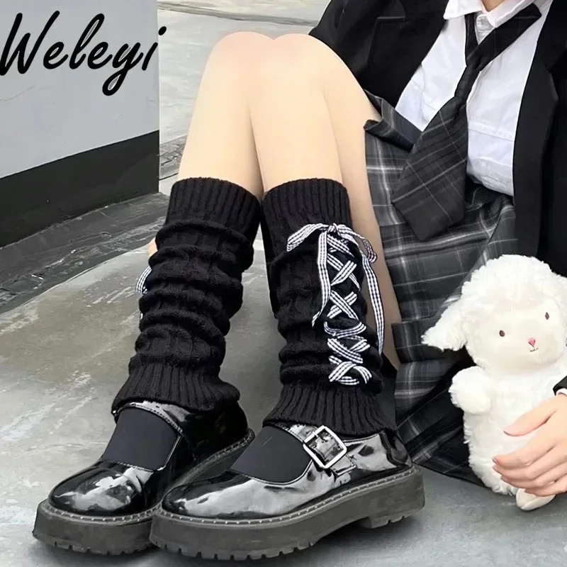 Japanese Cute Jirai Kei Cross Tie Socks Autumn and Winter New Jk Women's Middle Tube  Twists Pattern Leg Sets White Stack Socks