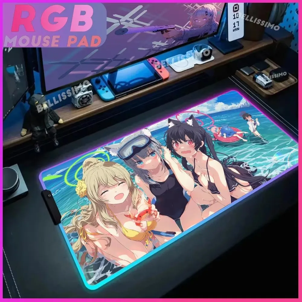 Sunaookami Shiroko RGB Rubber No-slip Mouse Mat Gaming Accessories Large Cool Mause Pad LED Durable Desk Pad Keyboard Mat