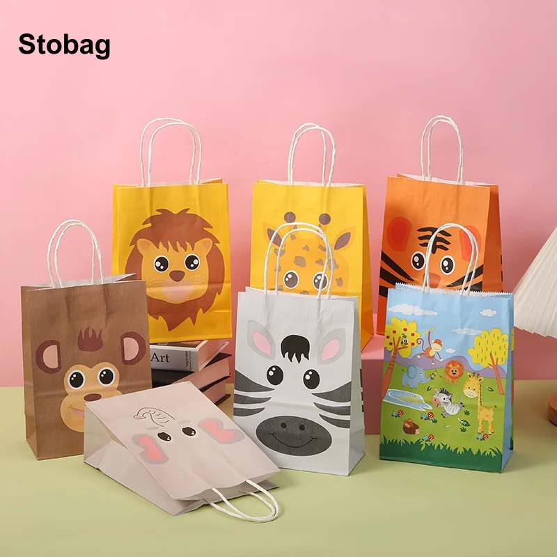 StoBag 24pcs Cartoon Animal Kraft paper Gift Tote Packaging Bags Children for Candy Snack Storage Pouch Birthday Party Favors