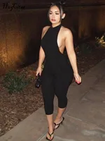 Hugcitar Ribbed Halter Backless Solid Button Sexy Bodycon Skinny Jumpsuit Summer Women Fashion Vacation Romper Streetwear Club 2