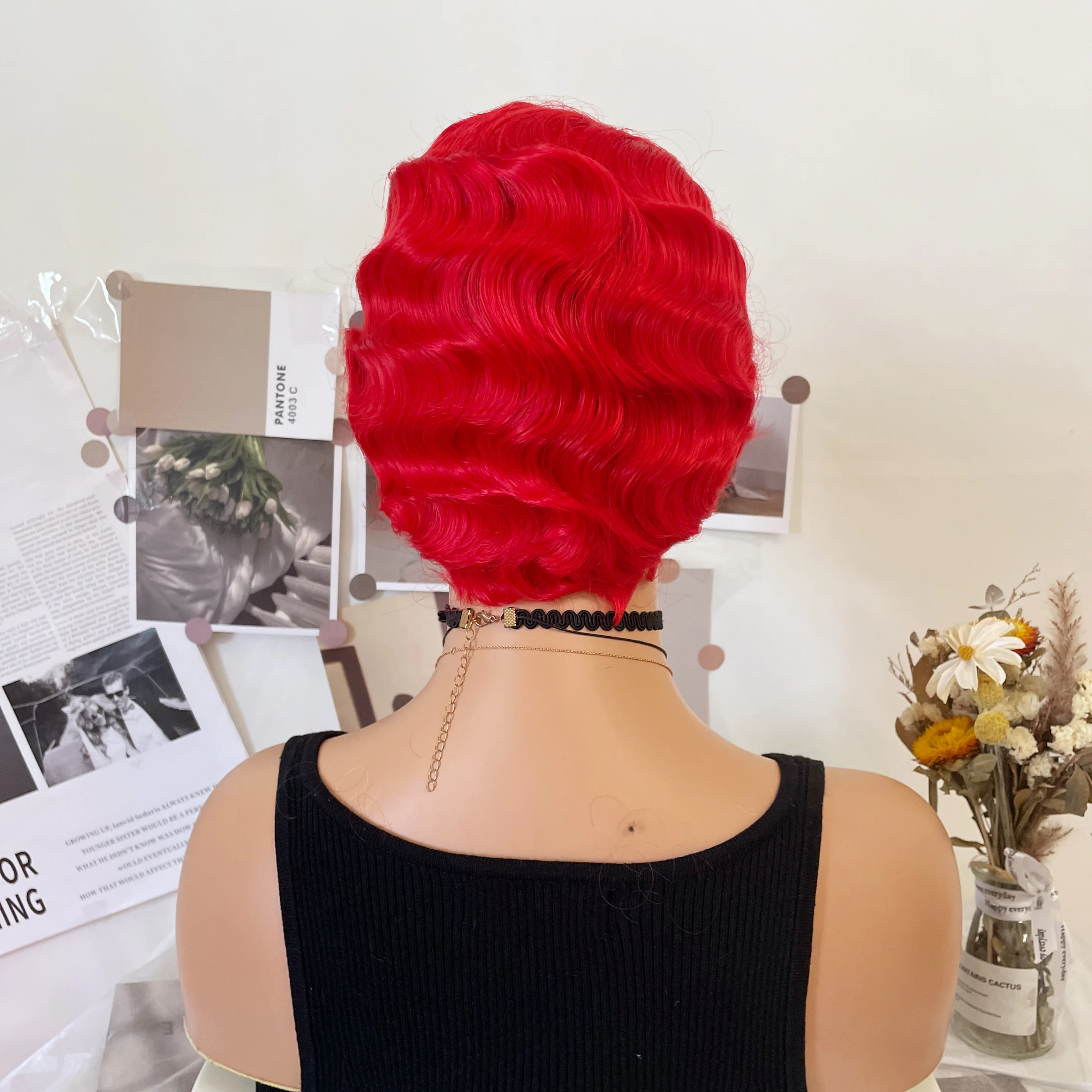 Wave Wig Cosplay Hair Synthetic Short Finger High Temperture Fiber Cosplay Bright Red Wigs for Black Women