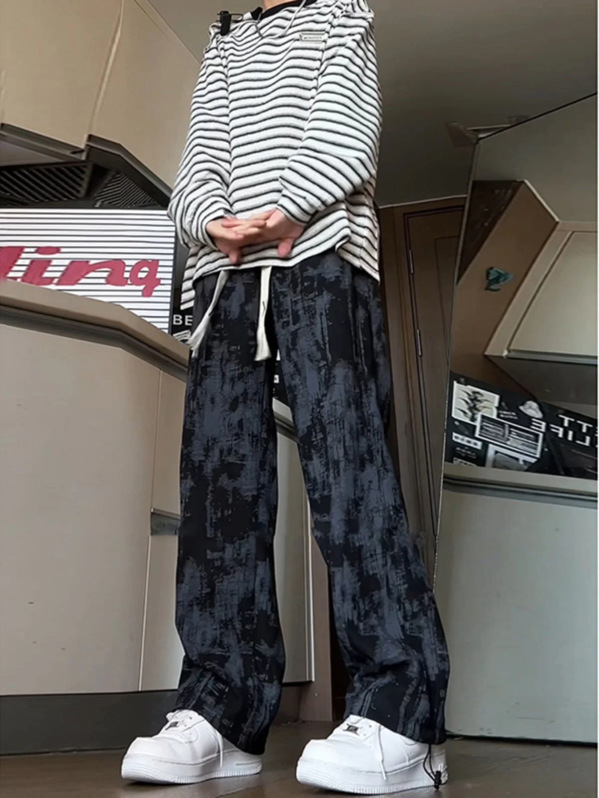 Retro American Tie Dye Wide Leg Pants Loose Lazy Style Black Draping Men's Spring Autumn Straight Casual Trousers